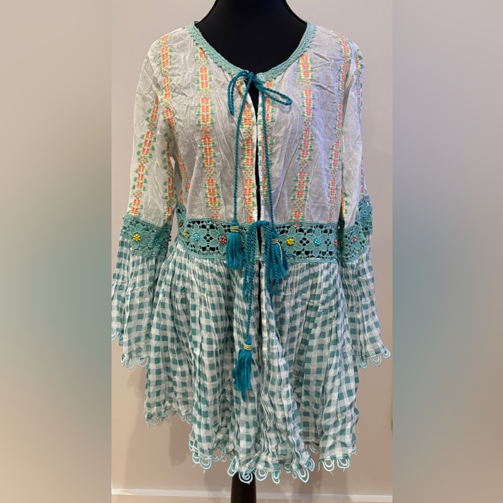 Embroidered Teal and White Swim Coverup